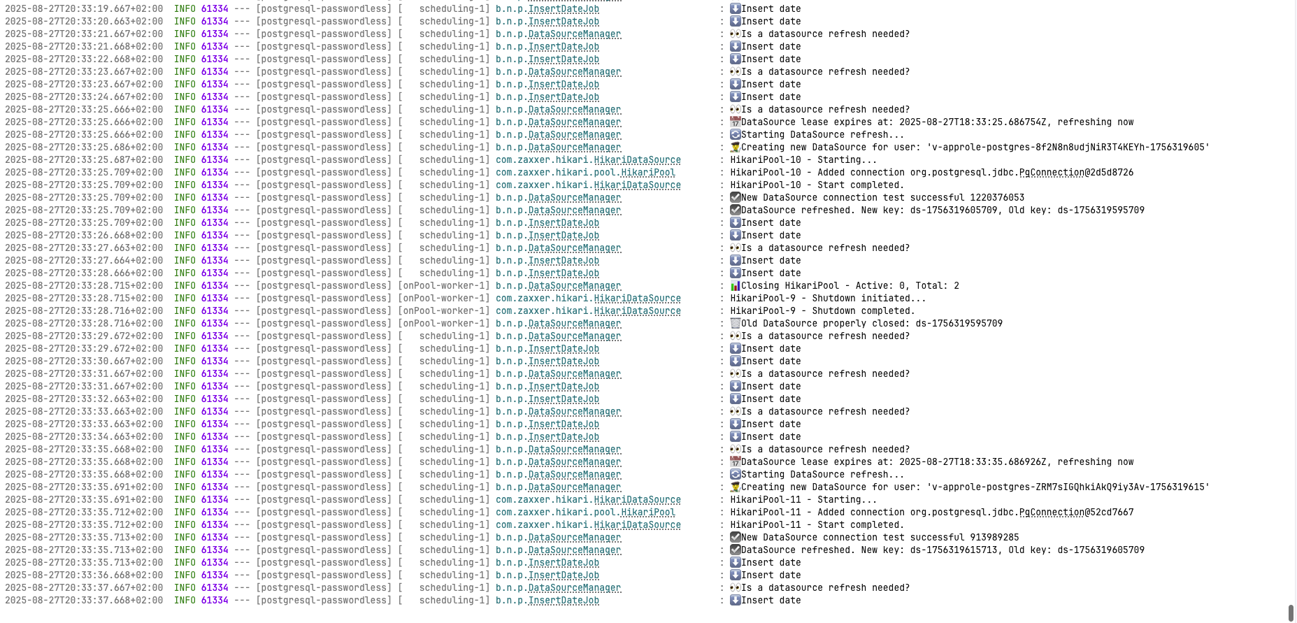 Application logs showing dynamic credential rotation