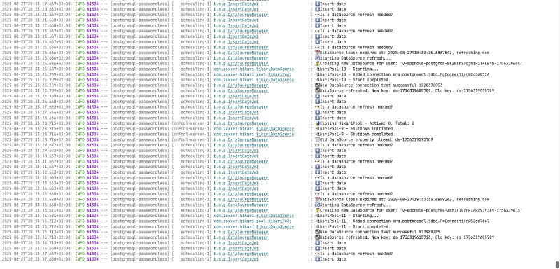Application logs showing dynamic credential rotation