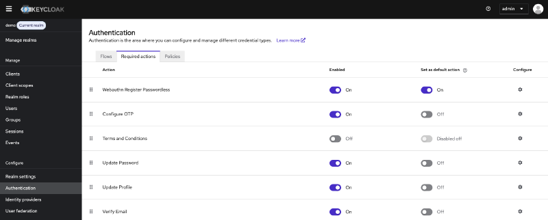 Keycloak default required actions